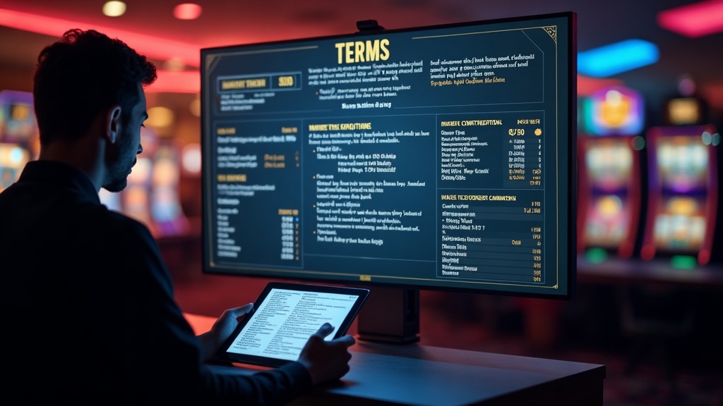 Bonus terms screen with wagering meters and slot reels