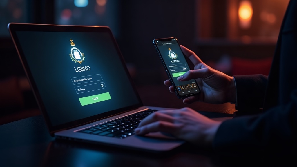 Laptop and smartphone showing a casino login form in a dark lounge