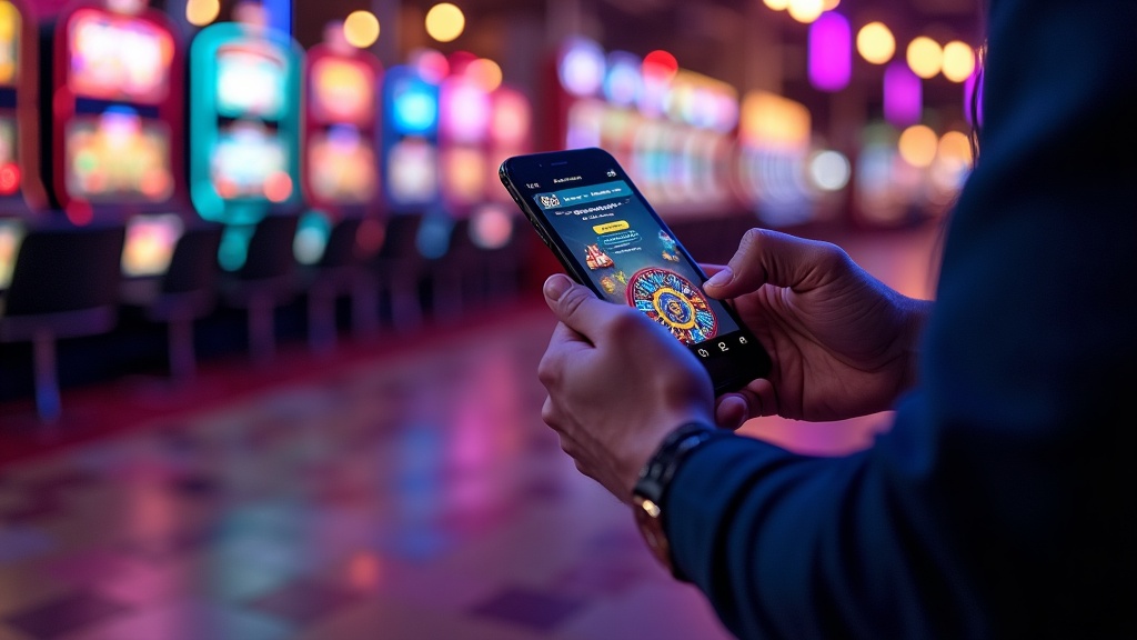 Slot reels and recurring casino promotion banners on a dark neon floor