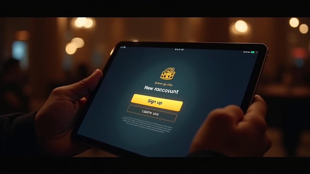 New account sign-up screen being reviewed in a dark casino lobby