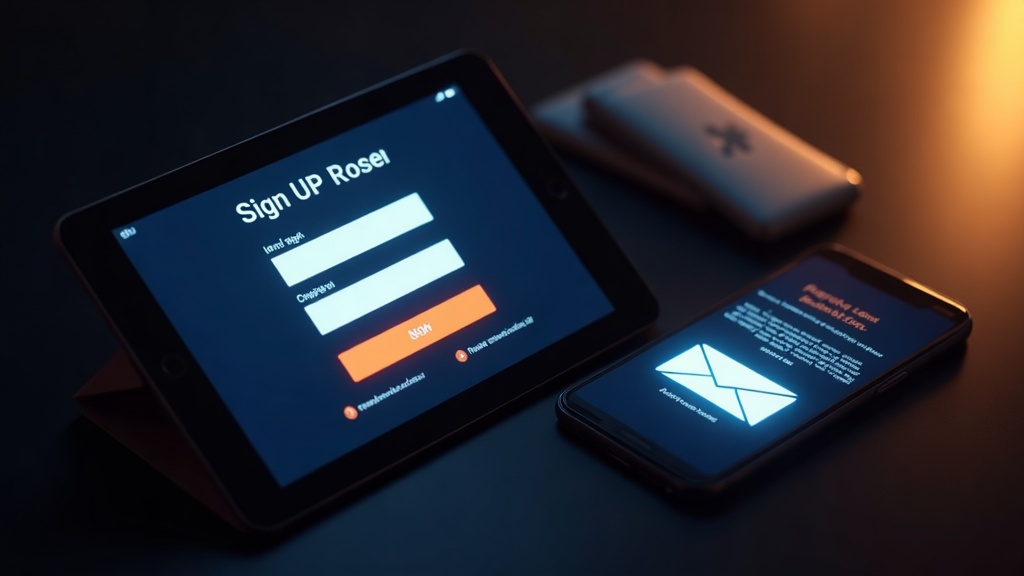 Tablet registration form and phone verification message in a dark casino scene