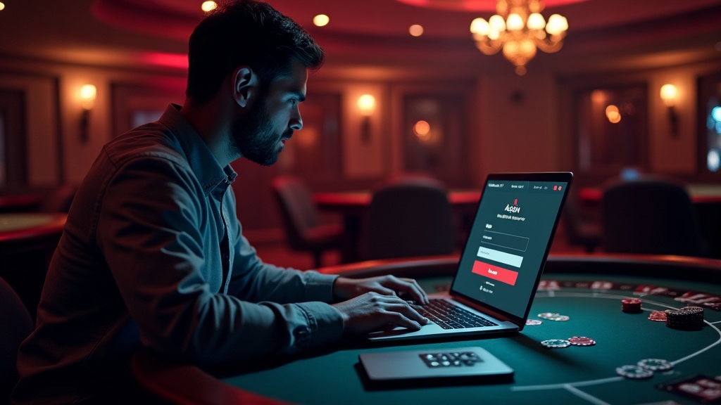 Existing account holder signing in on laptop with phone beside it in a casino lounge