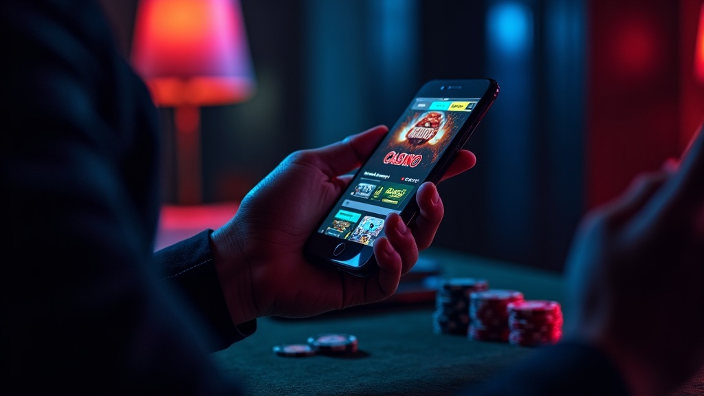 A player checking a casino download page on a smartphone in a dark neon-lit casino