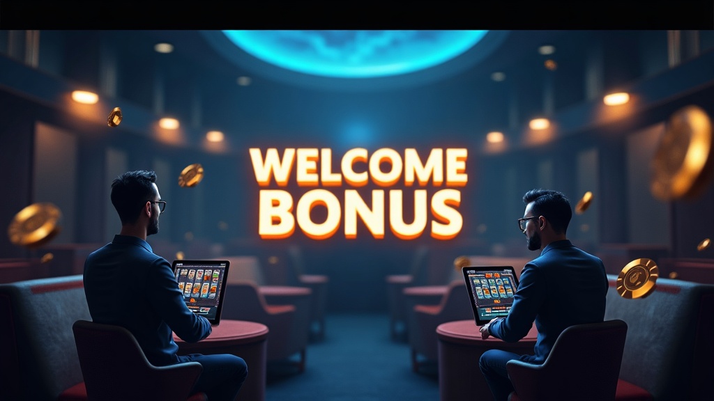 Player checking a welcome bonus offer beside glowing slot reels